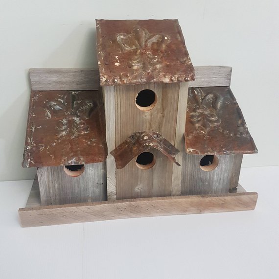rustic birdhouse hand built fleur de lys tin roof