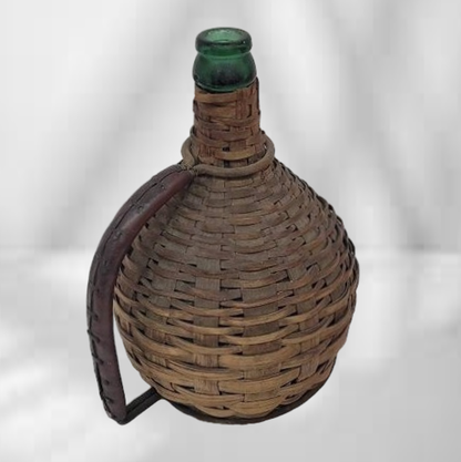 Antique Green Glass Wine bottle With Wicker Basket Oudepont Italy