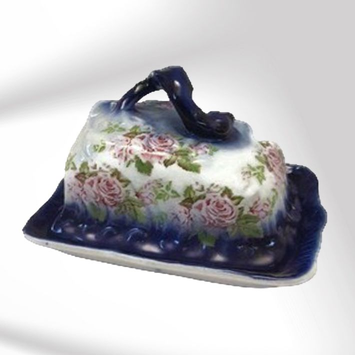 Blue Floral China Cheese Dish With Lid