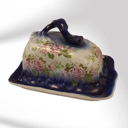 Blue Floral China Cheese Dish With Lid