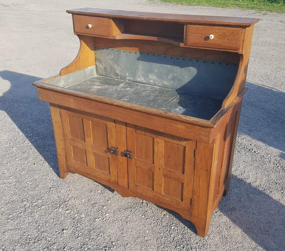 primitive dry sink with rare upper drawers and shelf