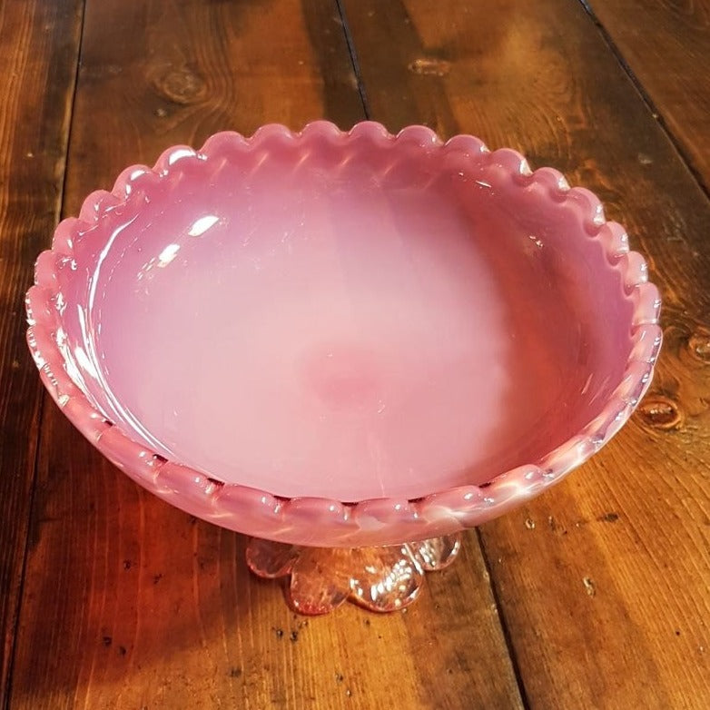 pink opalescent footed candy dish
