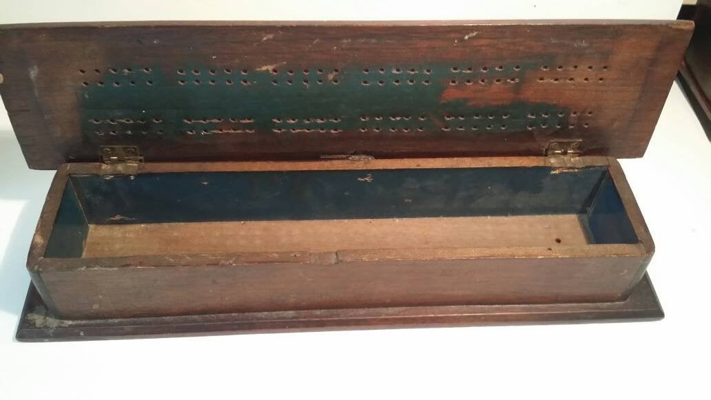 tramp art walnut cribbage box