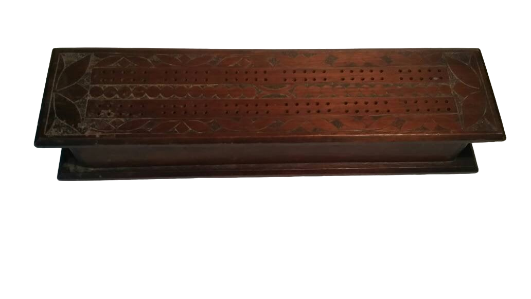 Antique Tramp Art Walnut Cribbage Board Box