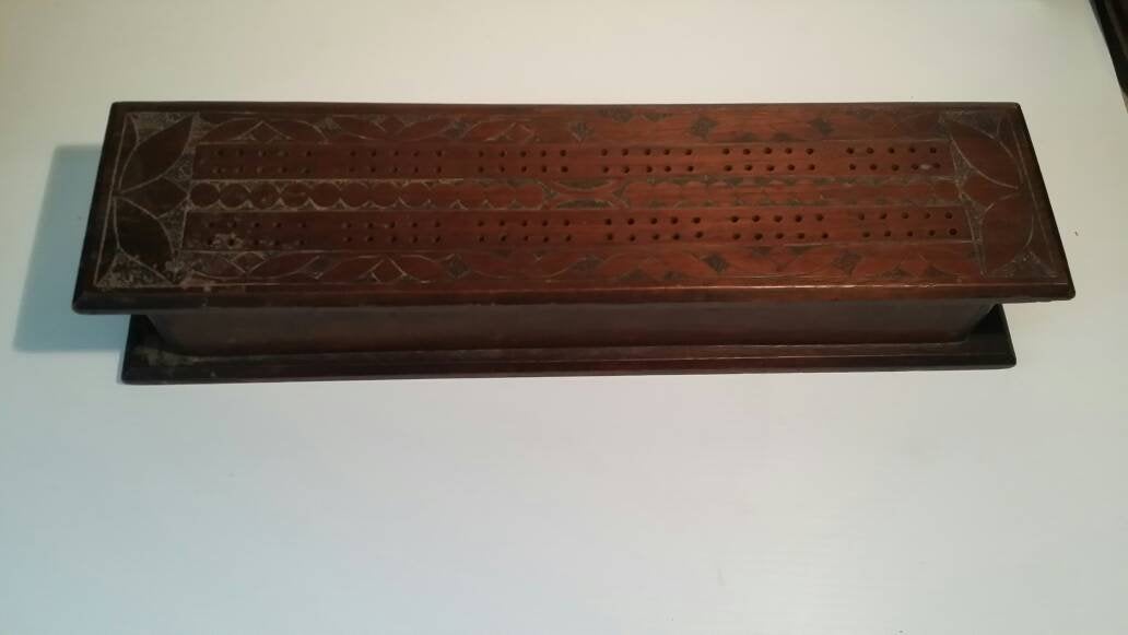 tramp art walnut cribbage box