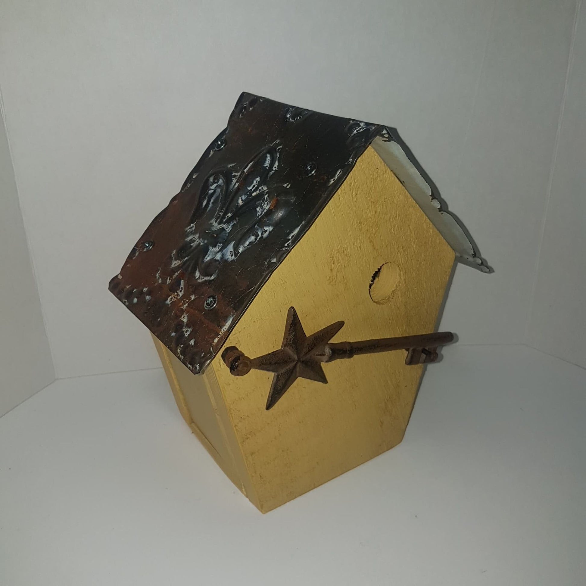 rustic bird house hand built fleur de lys tin roof