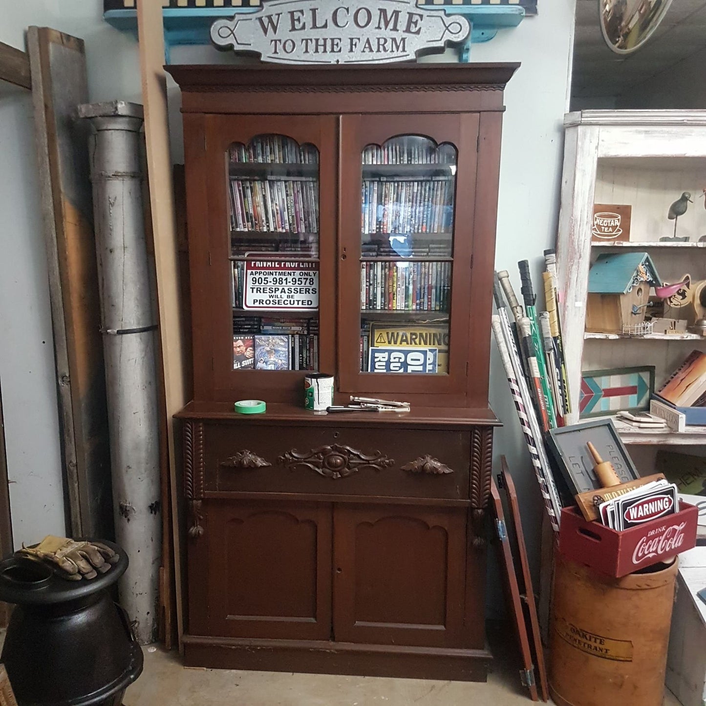 antique walnut cupboard flat to the wall / writing desk