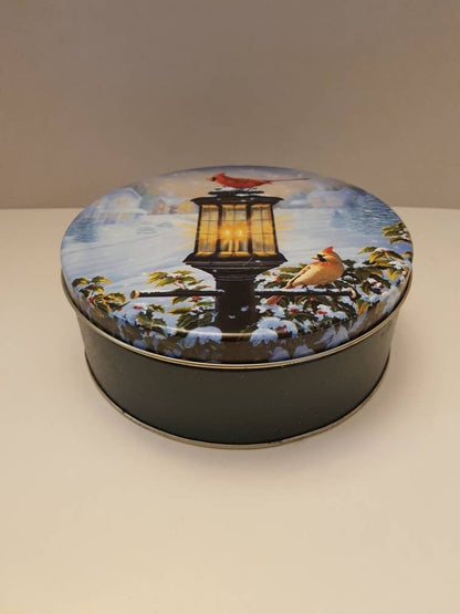 vintage tin can with cardinal antique storage container / box