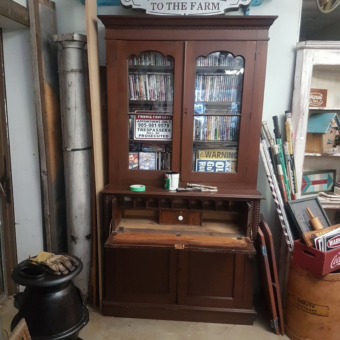 antique walnut cupboard flat to the wall / writing desk