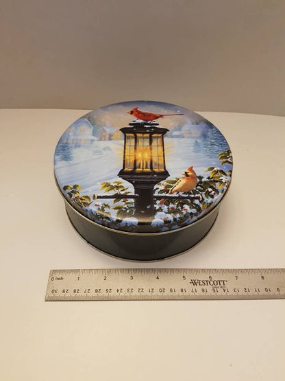 vintage tin can with cardinal antique storage container / box