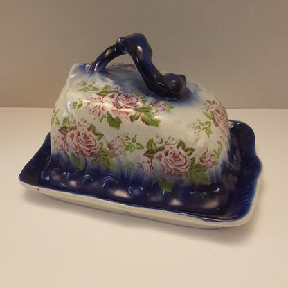 blue floral butter dish with lid