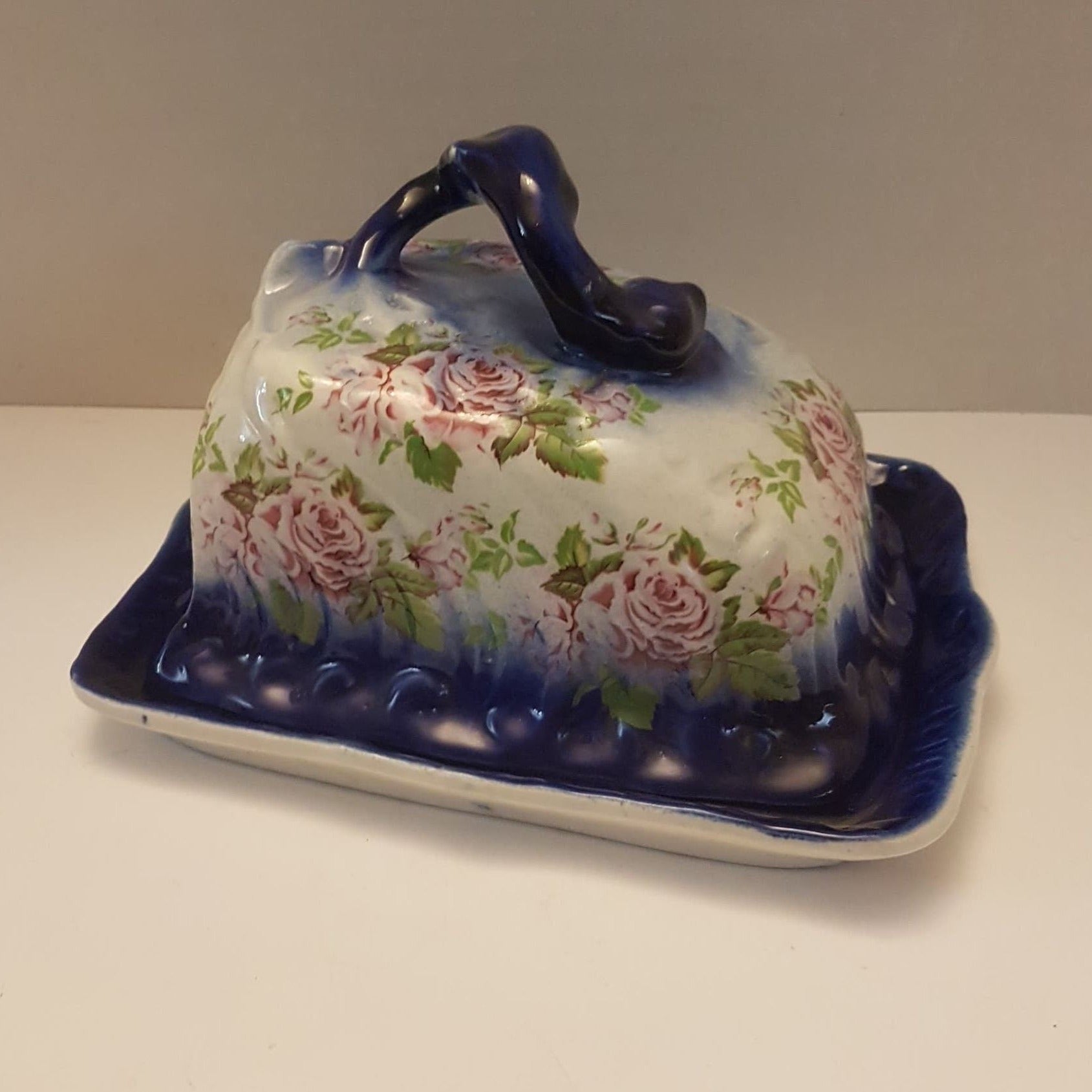 blue floral butter dish with lid