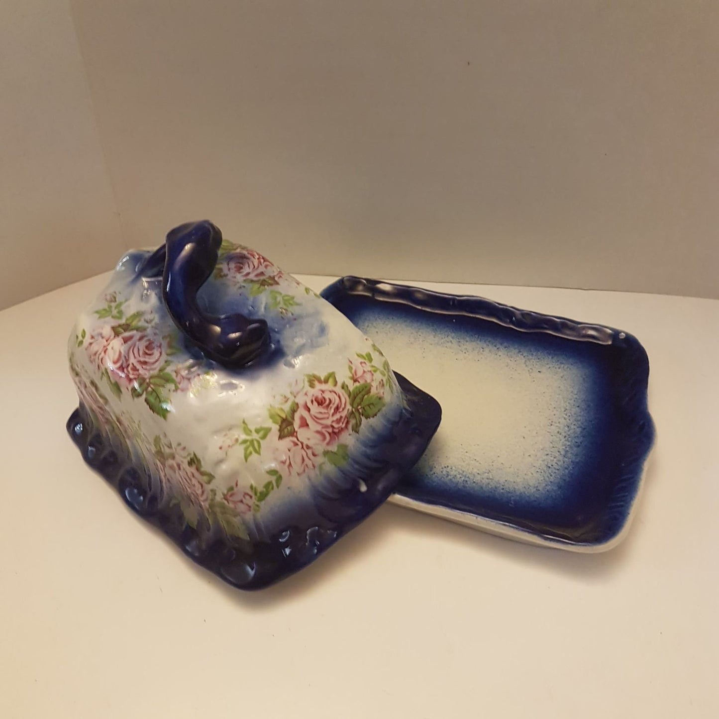 blue floral butter dish with lid