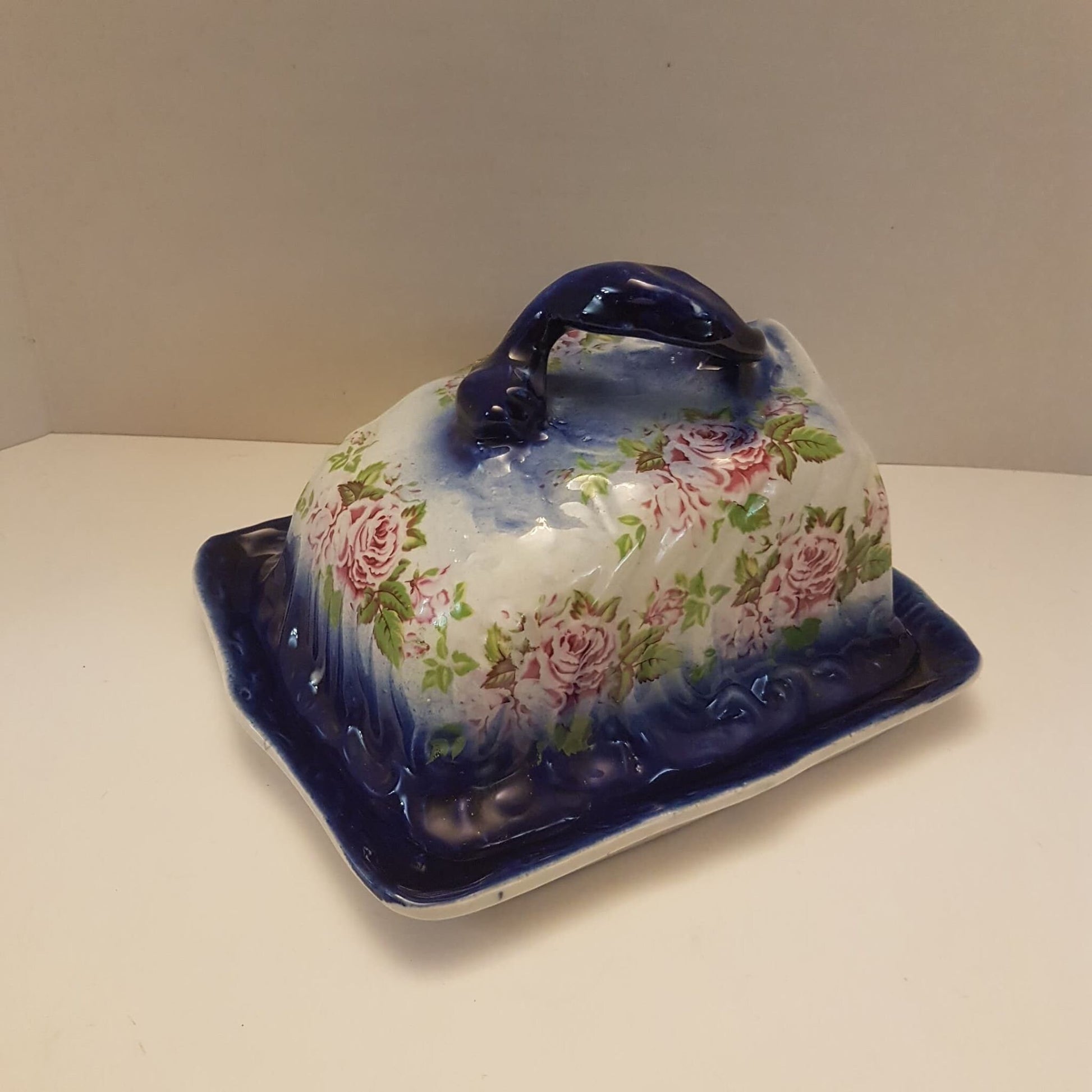 blue floral butter dish with lid