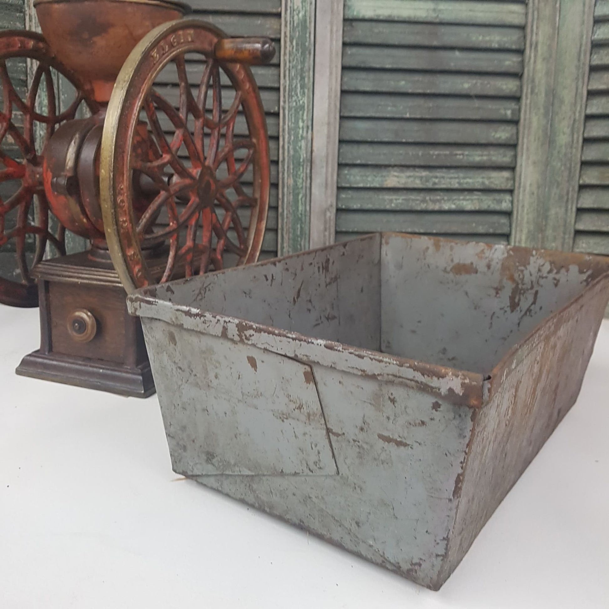 antique bin industrial metal box or basket primitive old for storage or display rustic weathered vtg old