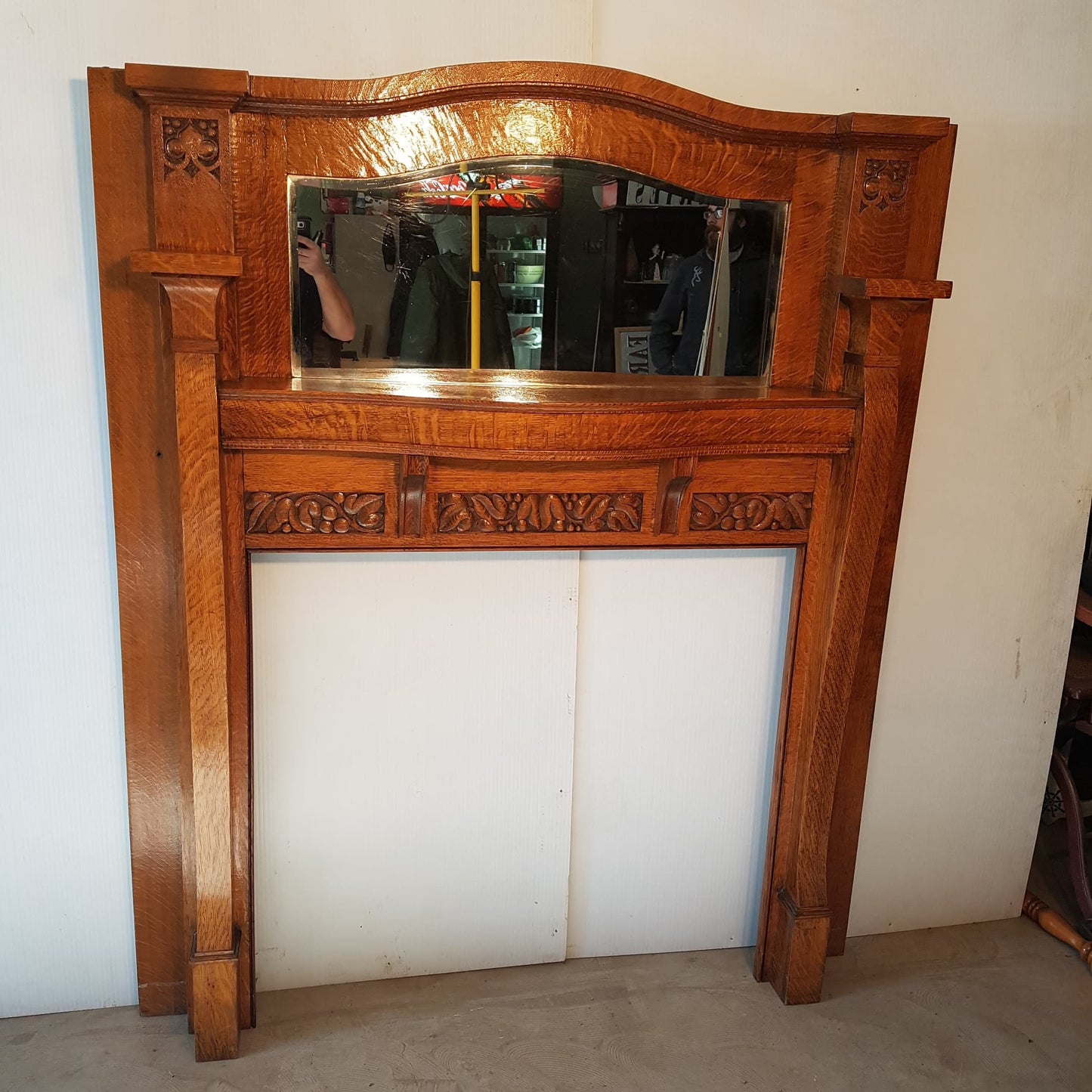 Oak Fireplace Mantle Antique 1/4 Sawn With Bevelled Mirror Arts And Crafts