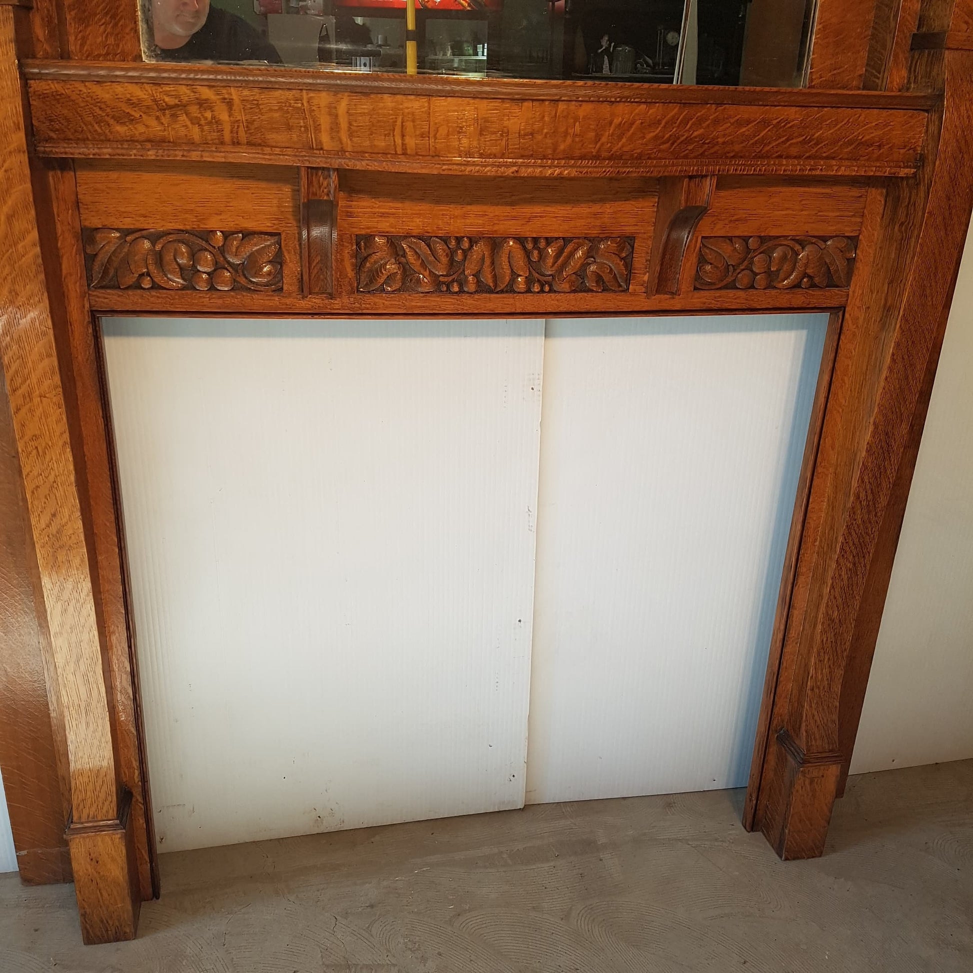 Oak Fireplace Mantle Antique 1/4 Sawn With Bevelled Mirror Arts And Crafts