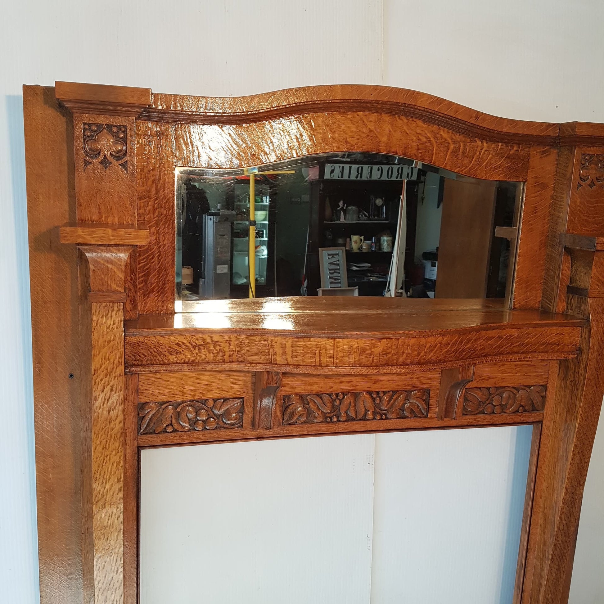 Oak Fireplace Mantle Antique 1/4 Sawn With Bevelled Mirror Arts And Crafts