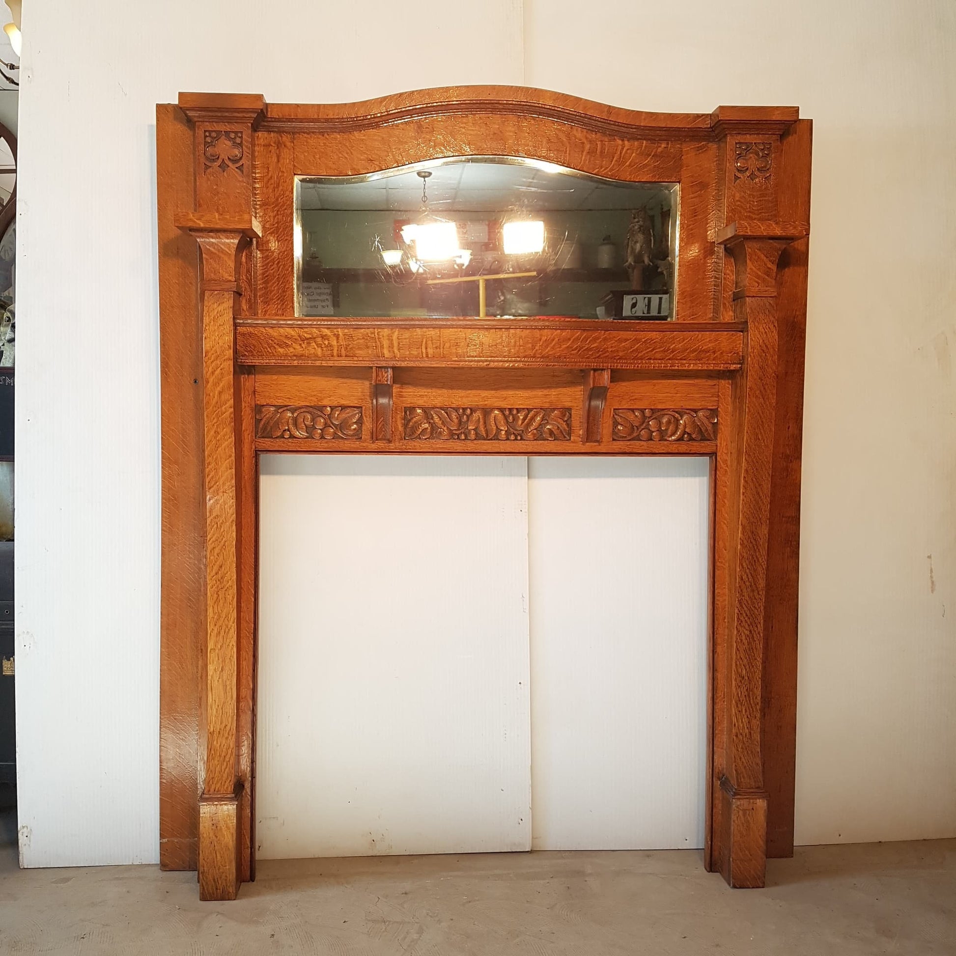 Oak Fireplace Mantle Antique 1/4 Sawn With Bevelled Mirror Arts And Crafts
