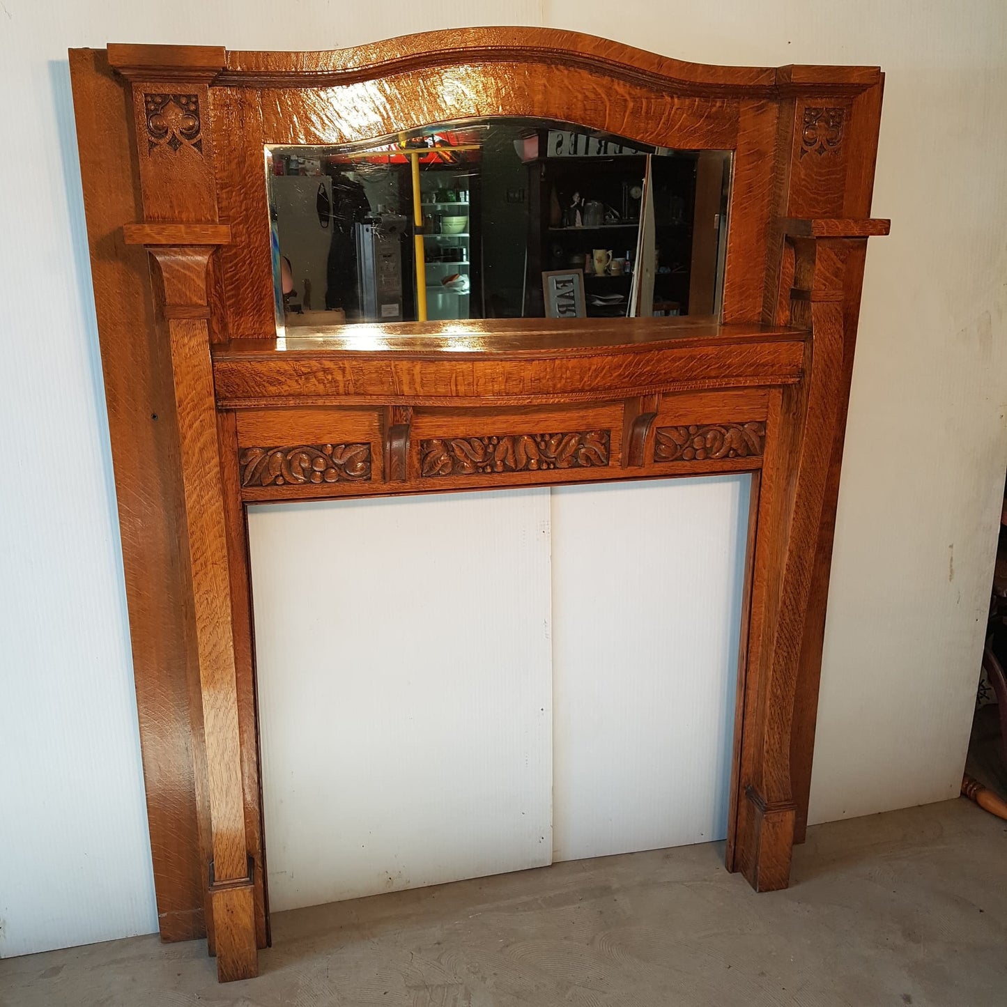 Oak Fireplace Mantle Antique 1/4 Sawn With Bevelled Mirror Arts And Crafts