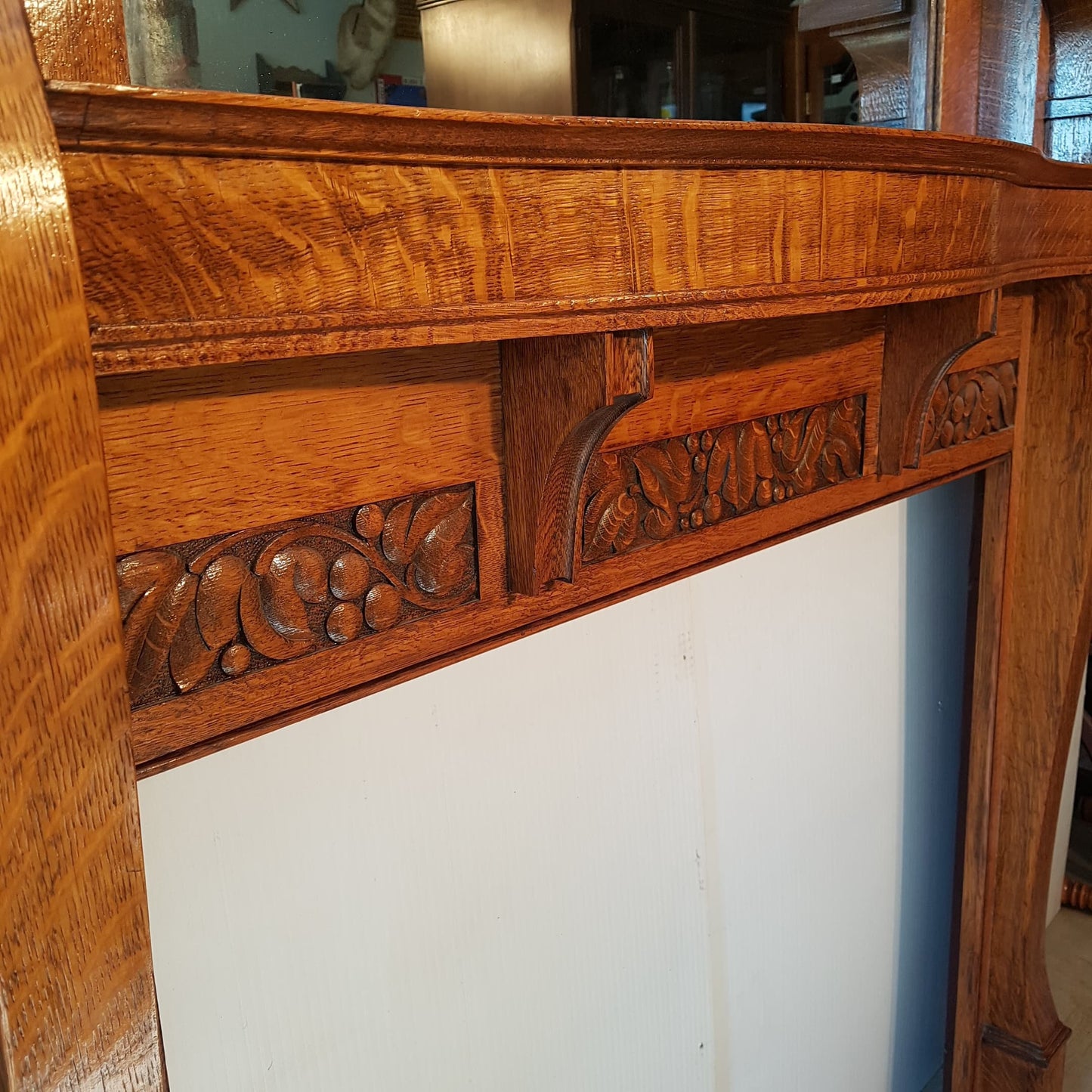 Oak Fireplace Mantle Antique 1/4 Sawn With Bevelled Mirror Arts And Crafts