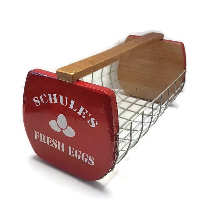 rustic wooden wire egg basket fresh eggs