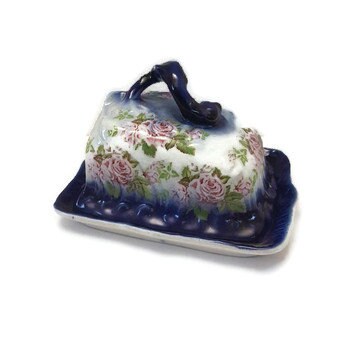 blue floral butter dish with lid