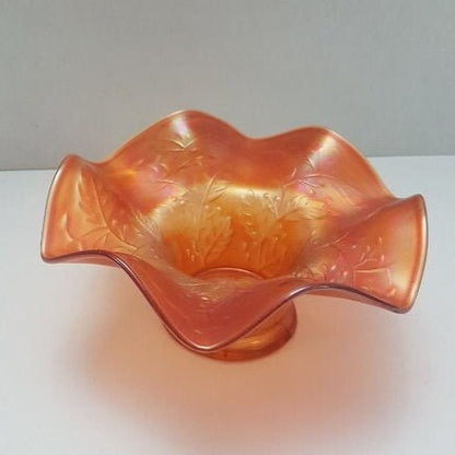 antique fenton marigold holly carnival glass ruffled hat vase bowl