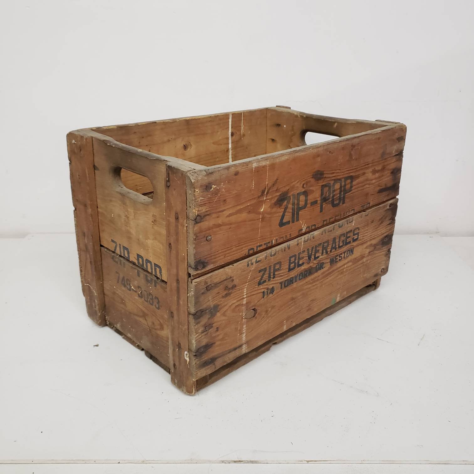 zip-pop crate vintage wooden soda delivery box