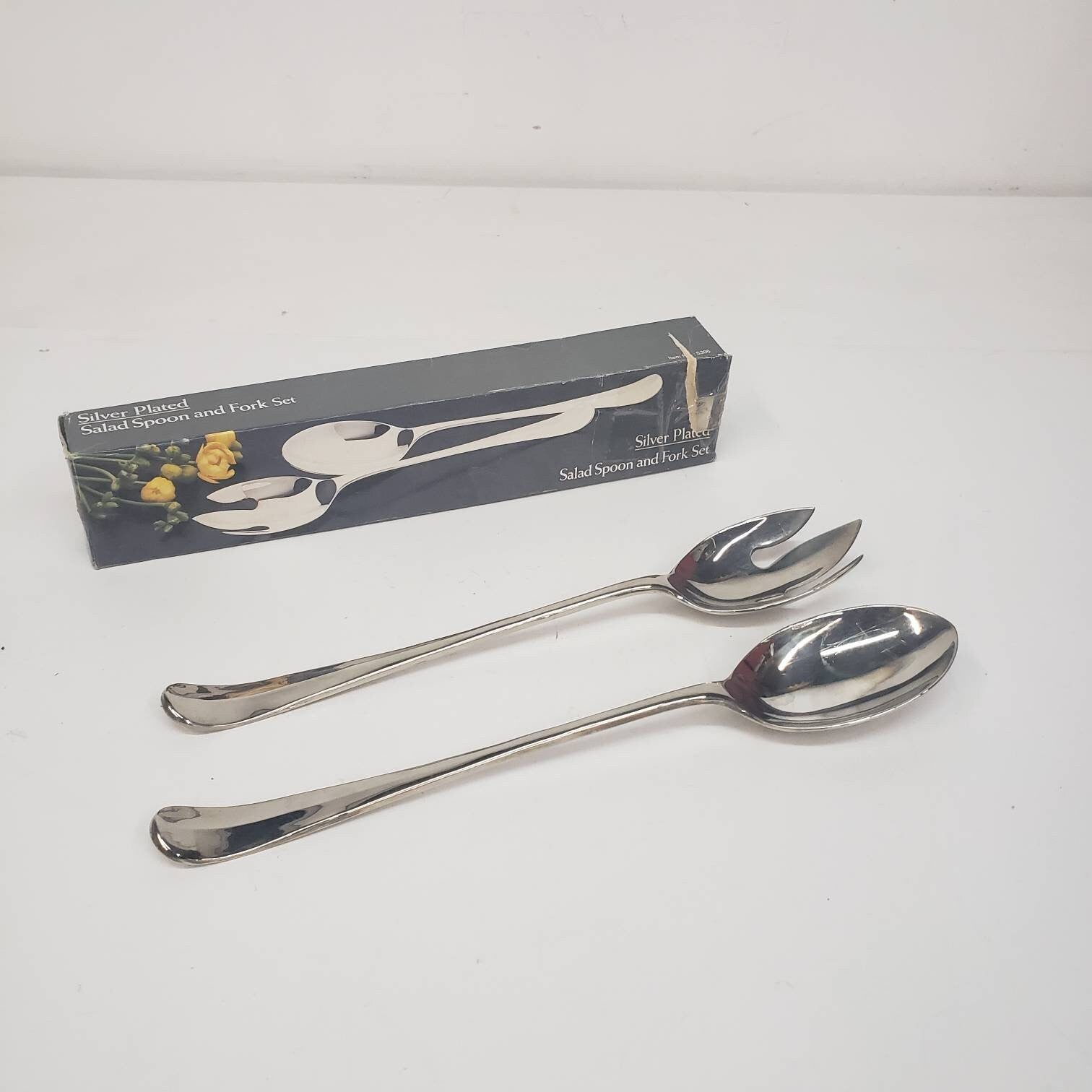 silver plated salad spoon and fork set with box