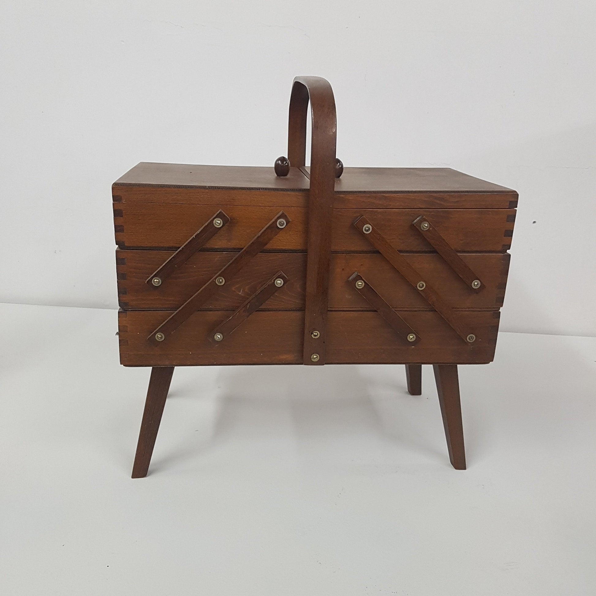 vintage cantilever wooden sewing box / basket