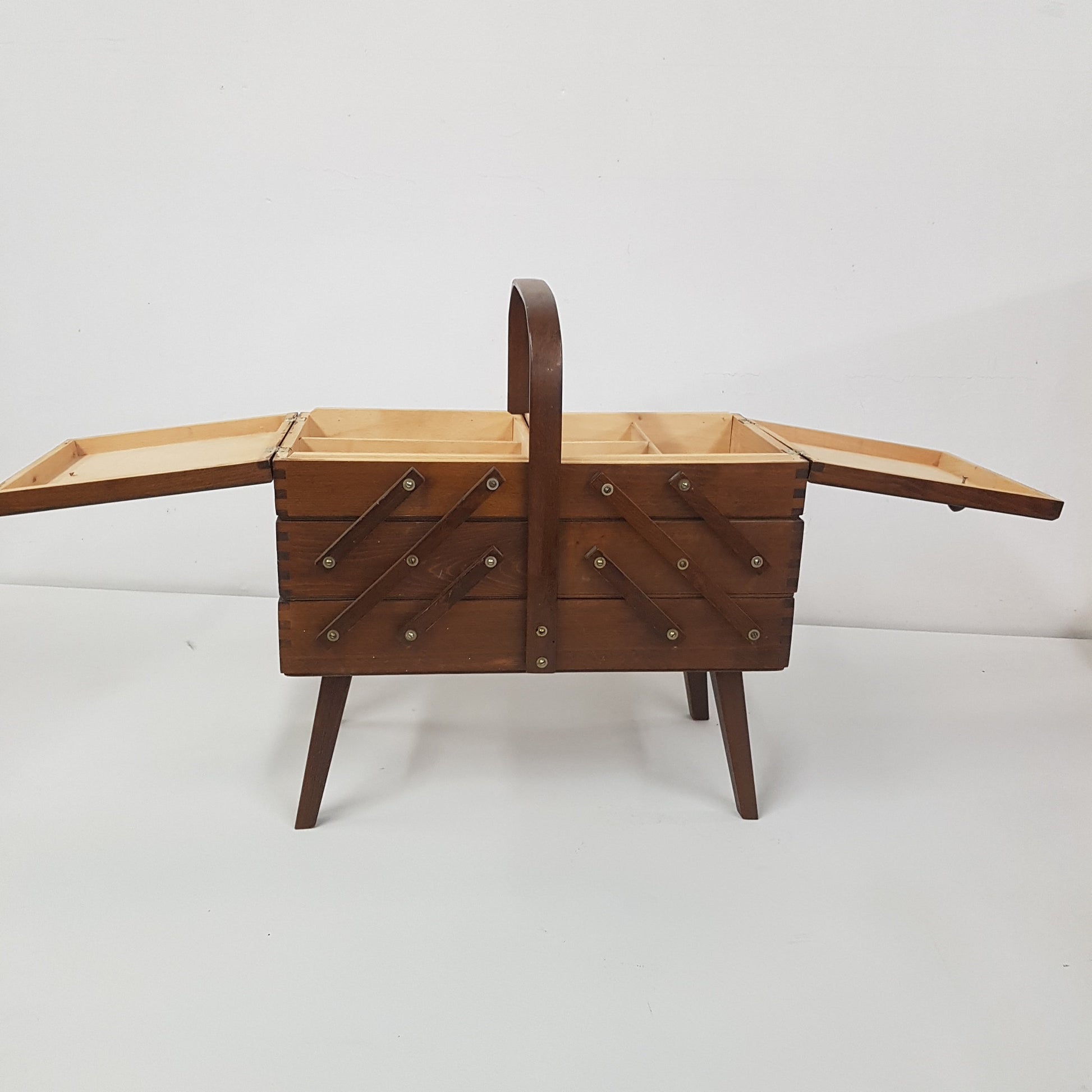 vintage cantilever wooden sewing box / basket