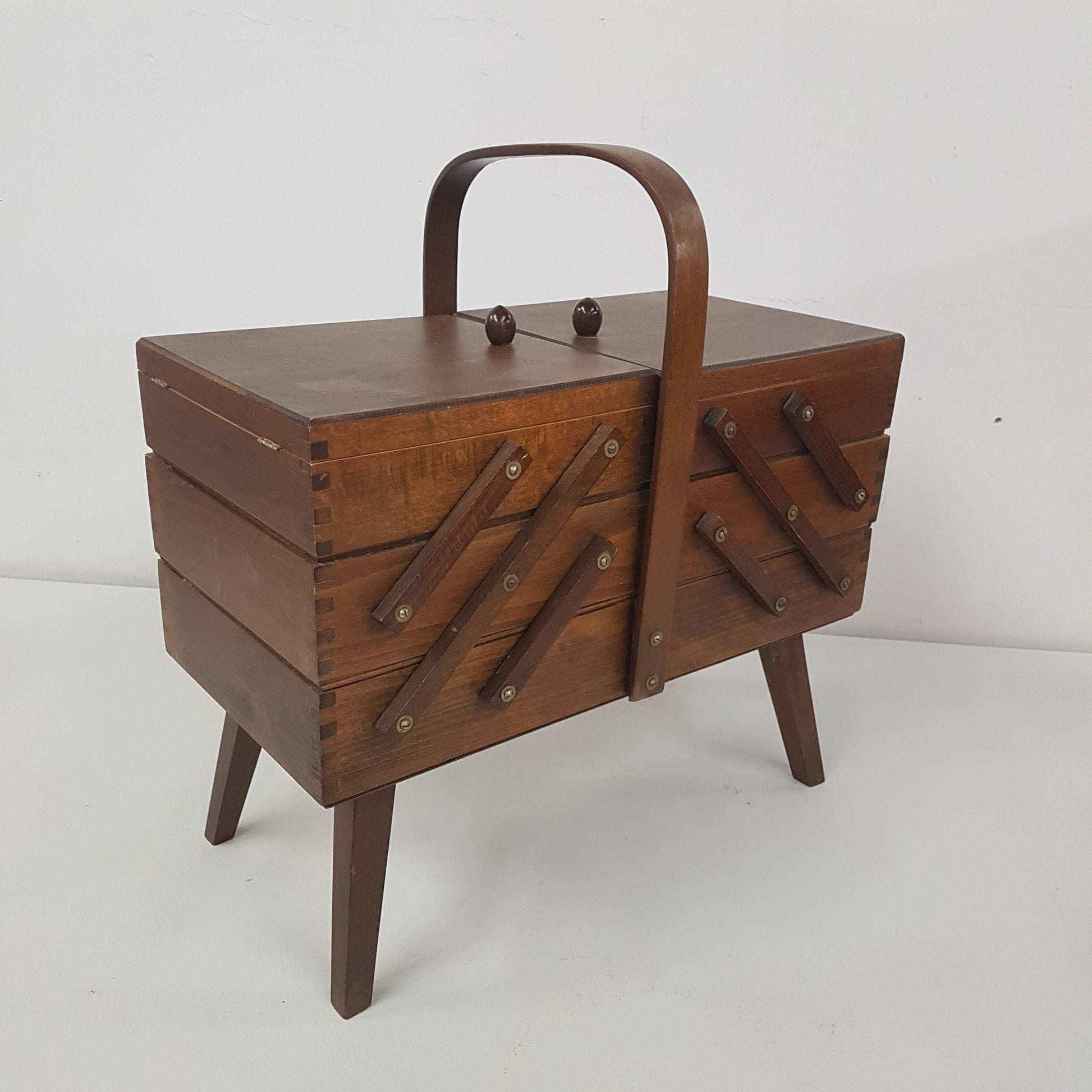 vintage cantilever wooden sewing box / basket