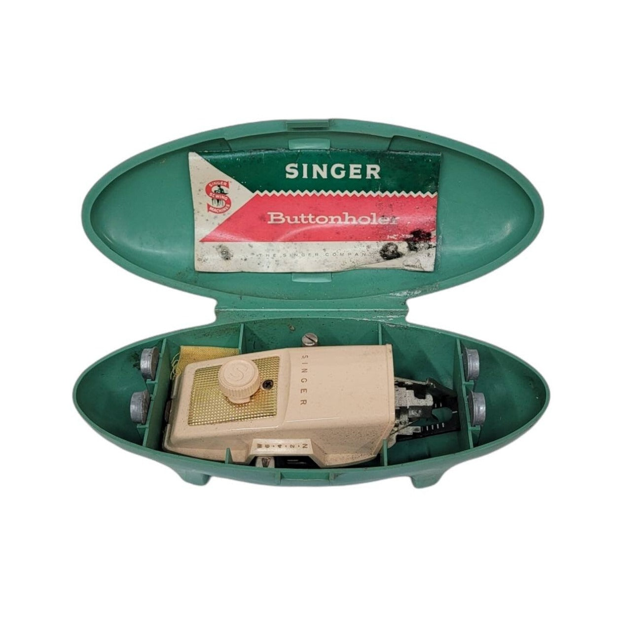 singer sewing buttonholer machine with attachments in box