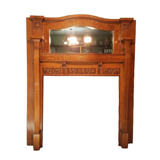 Oak Fireplace Mantle Antique 1/4 Sawn With Bevelled Mirror Arts And Crafts