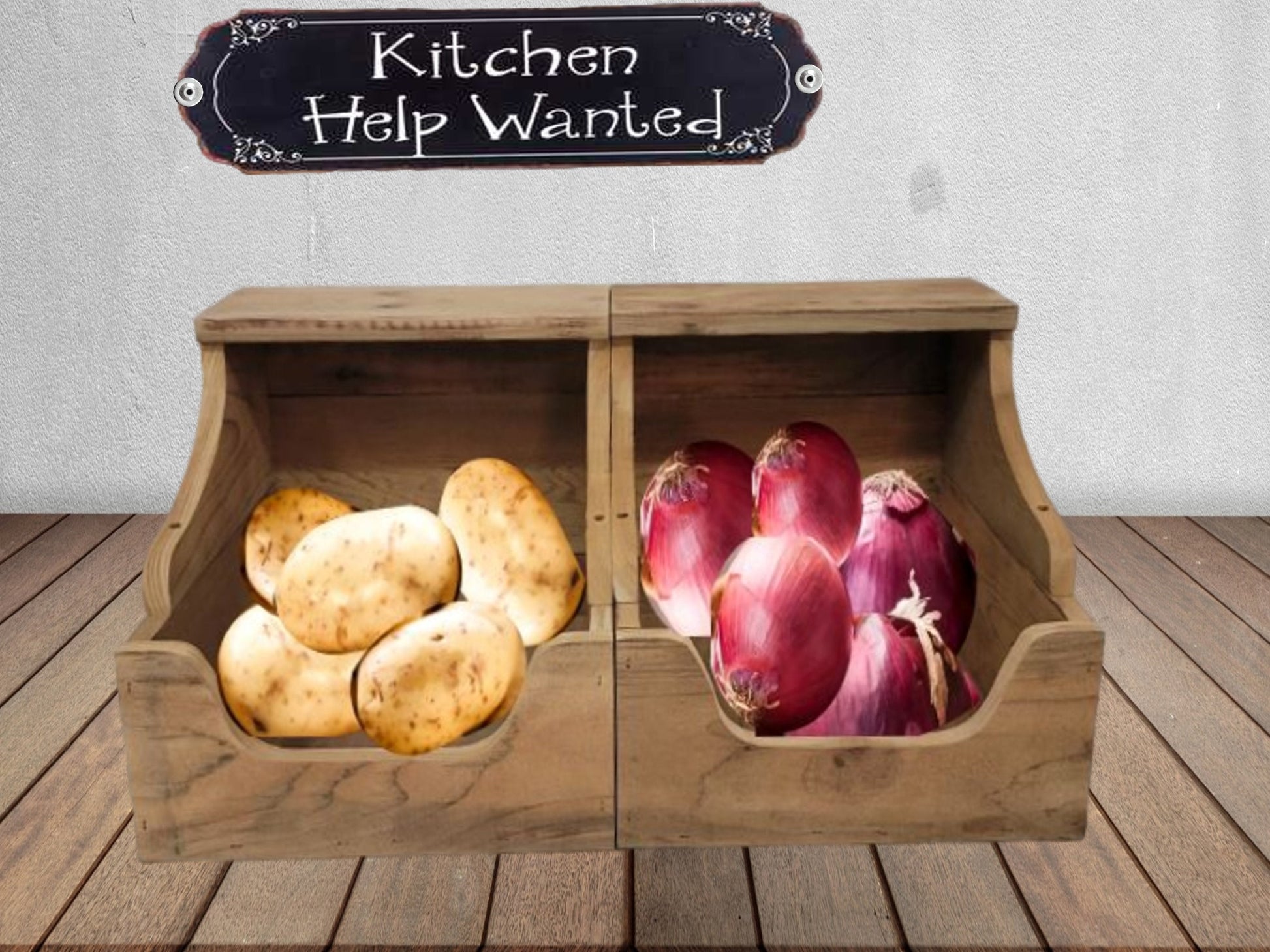 rustic kitchen storage bins for potatos and onions
