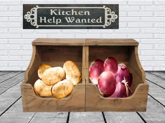 rustic kitchen storage bins for potatos and onions
