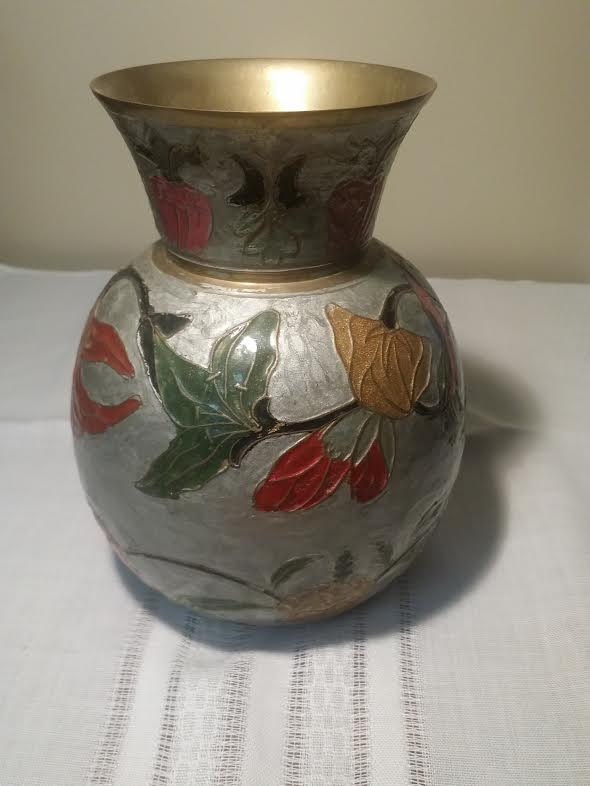 vase brass enamelled flowers