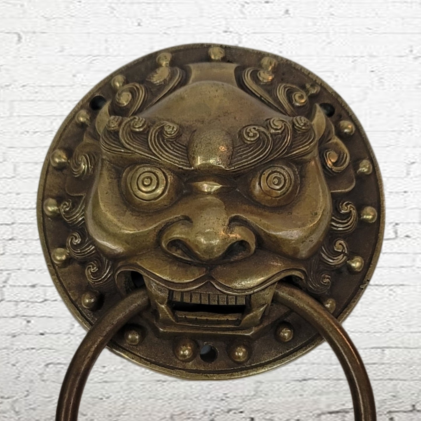 Antique Oriental Brass Door Knocker Gargoyle Face