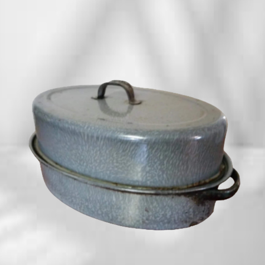 Antique Graniteware Chicken Roasting Pan Enamelware Pot