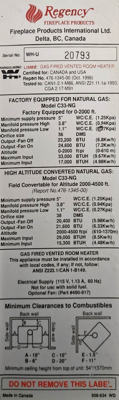 Free-Standing Natural Gas Fireplace Regency C33-ng